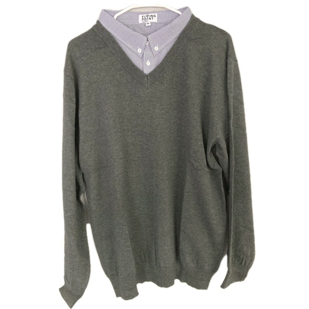 Vtg Flying Point Sweater Men XL VNeck Cotton Knit 1 Piece Shirt Collar Trim NEW